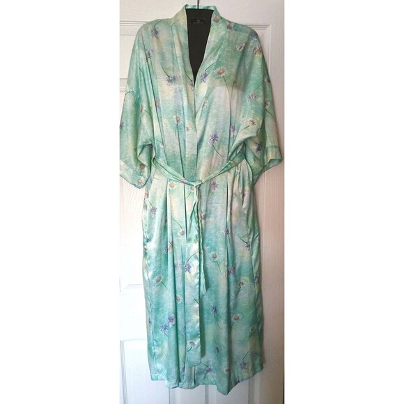 Inner Most Long Kimono Robe Size Medium Satin Teal Green Floral Print Tie Belt - Picture 1 of 6